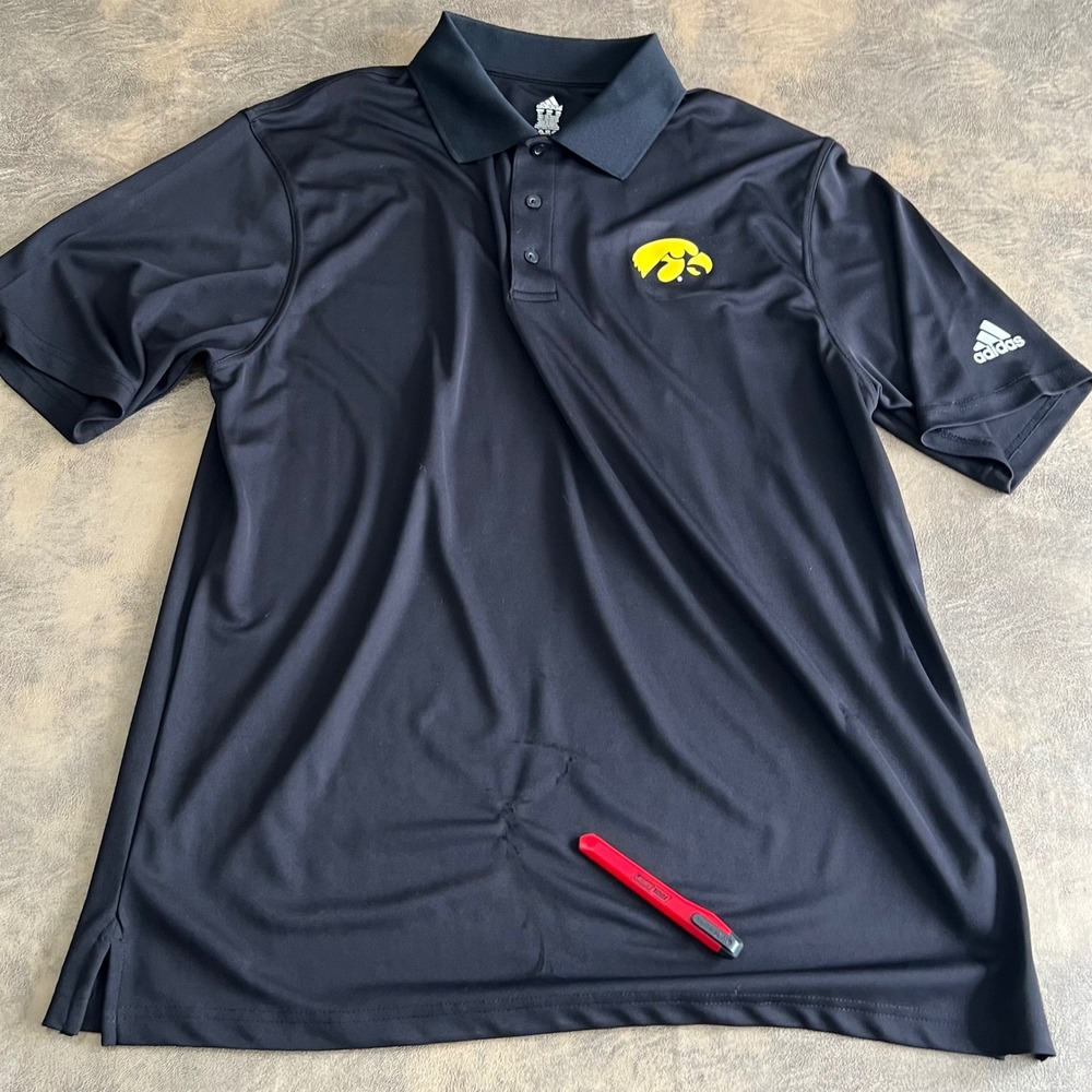 Adidas Polo Shirt Mens XLT Black Iowa‎ Hawkeyes NCAA SS Performance *FLAW
